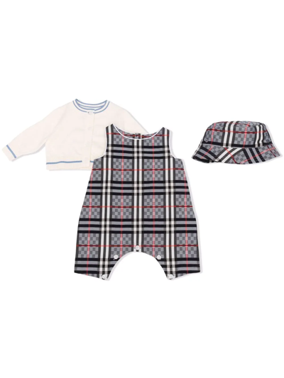 Burberry Baby 3-piece Romper & Bucket Hat Gift Set In Pale Blue Check