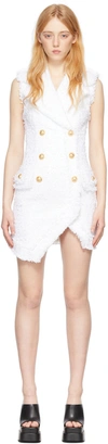 BALMAIN WHITE ASYMMETRIC TWEED SHORT DRESS