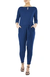 Nina Leonard Three-quarter Length Sleeve Waist Tie Jumpsuit In Classic Blue