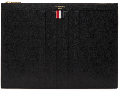 Thom Browne Black Leather 4-bar Pouch In 001 Black