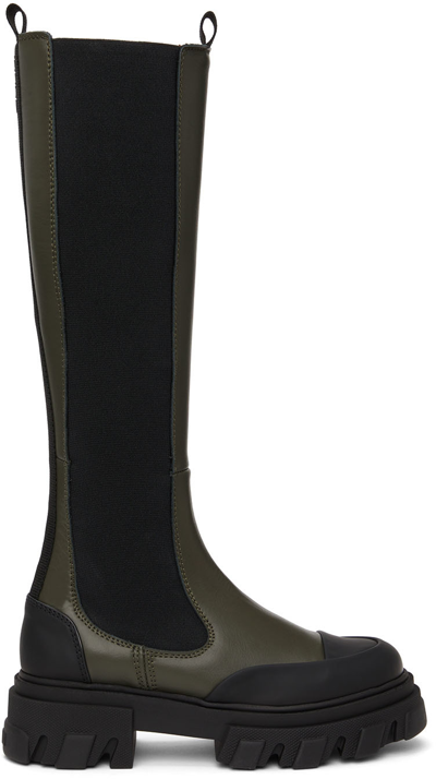 Ganni Knee-high Chunky Leather Chelsea Boots In Khaki