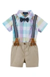 ANDY & EVAN CHECK BUTTON-UP SHIRT, BOW TIE, SUSPENDERS & SHORTS SET