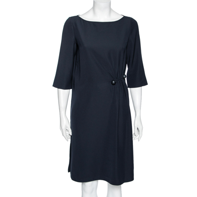 Pre-owned Emporio Armani Blue Crepe Side Pleated Dress M In Navy Blue