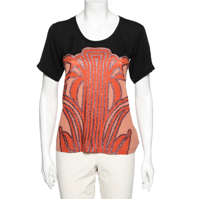 Pre-owned Gucci Black-orange Cotton And Silk Glitter Patterned Short Sleeve Top Xs