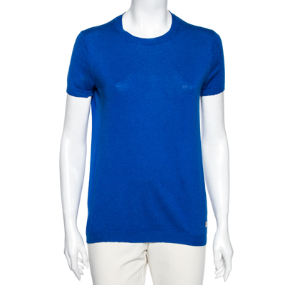 Pre-owned Roberto Cavalli Blue Silk Short Sleeve Top M