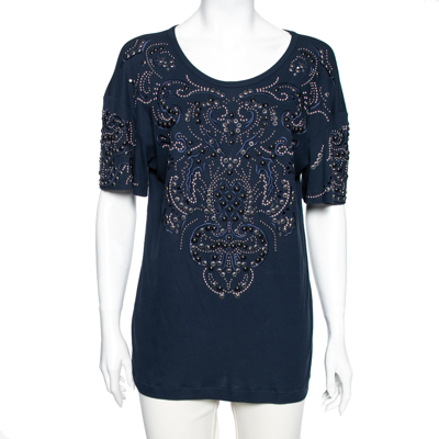 Pre-owned Roberto Cavalli Navy Blue Cotton Beaded And Embroidered Front Top M