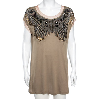 Pre-owned Roberto Cavalli Brown Embellished Knit T-shirt M