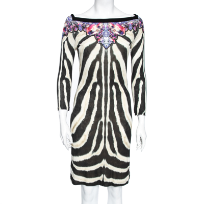 Pre-owned Roberto Cavalli Black And Brown Animal And Crystal Printed Crepe Dress M In Multicolor