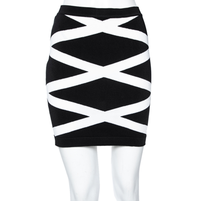 Pre-owned Balmain Monochrome Patterned Knit Mini Skirt S In Black