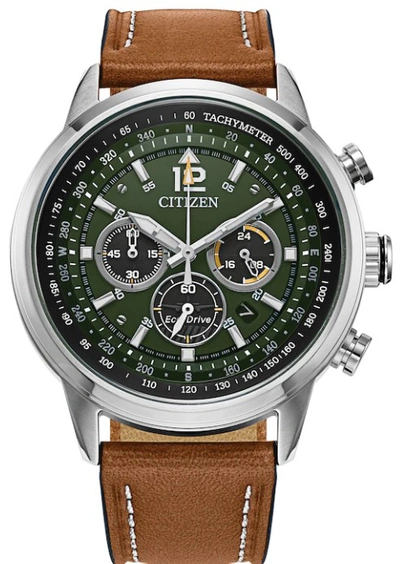 Citizen Eco-drive Men's Chronograph Avion Brown Leather Strap Watch 44mm In Brown / Green