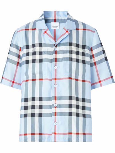 Burberry Check-pattern Silk Short-sleeved Shirt In Azzurro