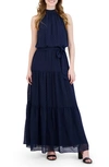 Julia Jordan Mock Neck Three Tier Maxi Dress In Navy