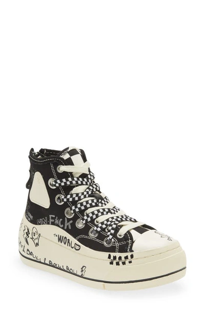 R13 Kurt Double Grommet Platform Sneaker In Black Checkerboard W/ Graffiti