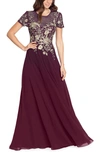 BETSY & ADAM BESTY & ADAM METALLIC FLORAL FIT & FLARE GOWN
