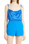 Alice And Olivia Harmon Satin Tie-strap Cowl Neck Cami In Blue