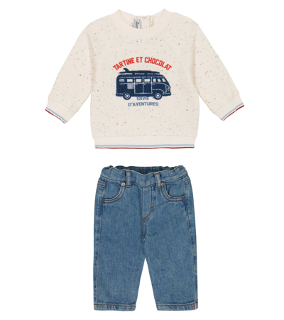 Tartine Et Chocolat Baby Cotton Sweatshirt And Jeans Set In Craic Denim