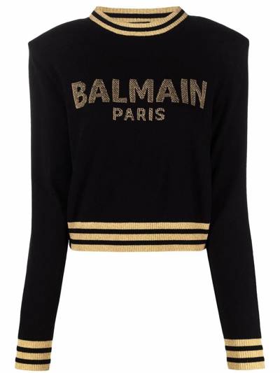 Balmain Logo Wool Blend Knit Cropped Sweater In Black