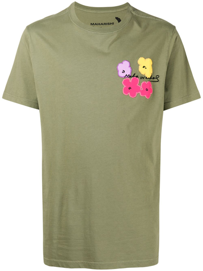 Maharishi Floral-embroidered Organic Cotton T-shirt In Grün