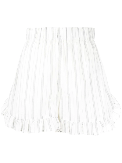 Ganni Ruffle-trim Striped Shorts In Weiss