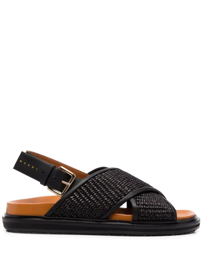 Marni Fussbett Raffia Crisscross Slingback Sandals In Black