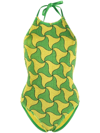 Bottega Veneta Printed Seersucker Halterneck Swimsuit In Green