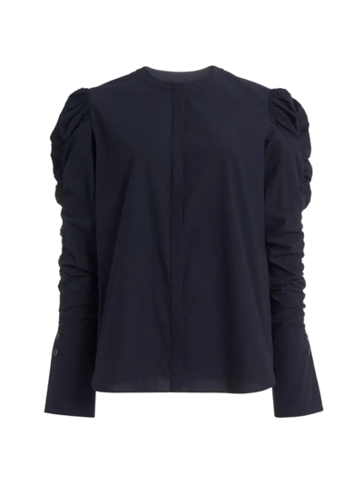 Another Tomorrow Shirred Puff-sleeve Blouse In Midnight