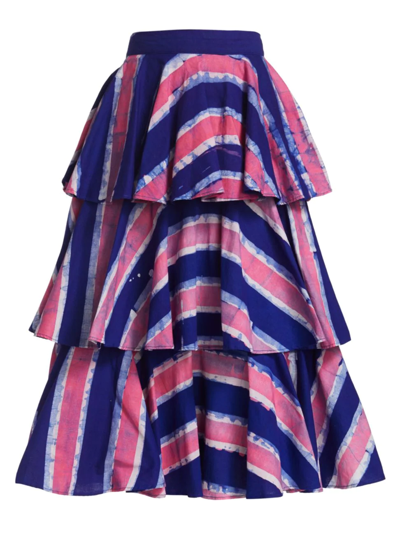 Studio 189 Striped Tiered Ruffle Midi-skirt In Blue & Pink