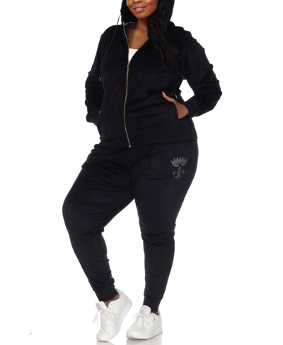 White Mark Plus Size Rhinestone Velour Tracksuit 2 Piece Set In Black