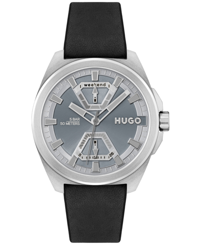 Hugo Men's Expose Black Leather Strap Watch 44mm In Silver