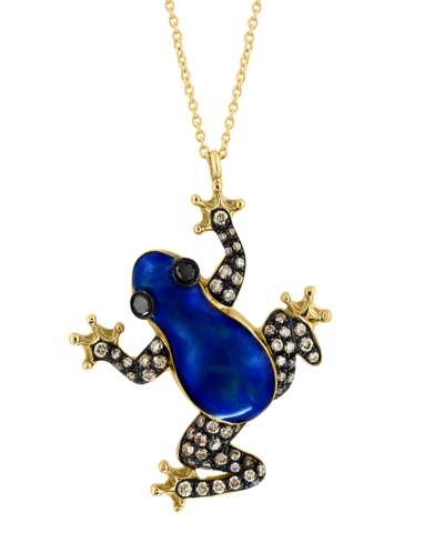 Effy Collection Effy Brown Diamond (1/3 Ct. T.w.) & Black Diamond (1/20 Ct. T.w.) Blue Enamel Frog 18" Pendant Neckl In Yellow Gold