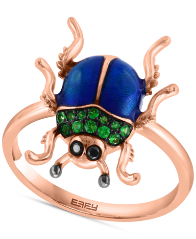 Effy Collection Effy Tsavorite (1/6 Ct. T.w.) & Black Diamond Accent Beetle Ring In Blue Enamel & 14k Rose Gold