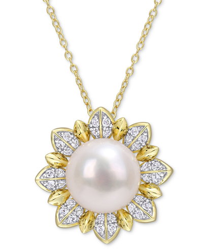 Macy's Cultured Freshwater Pearl (8-1/2mm) & White Topaz (1 Ct. T.w.) Flower 18" Pendant Necklace In Gold-t In Gold Tone