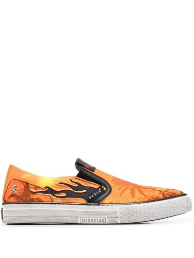 Philipp Plein Flame Print Slip-on Sneakers In Orange