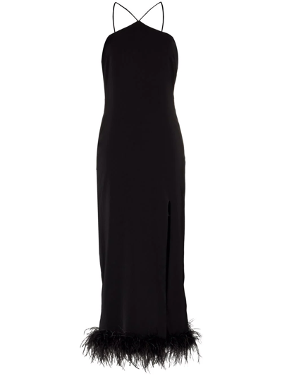 De La Vali Cadillac Feather Trim Halterneck Midi Dress In Black | ModeSens