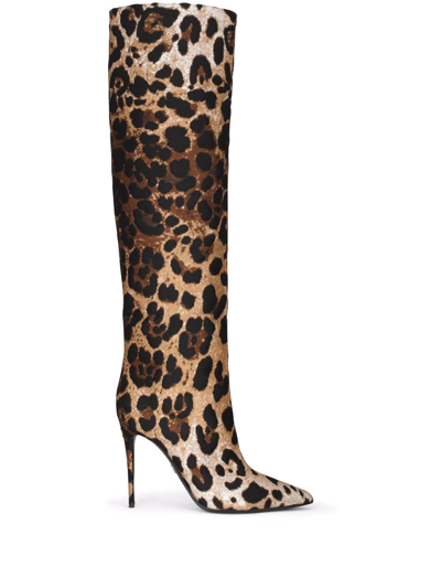 Dolce & Gabbana Leopard Jacquard Stiletto Knee Boots In Animal Print