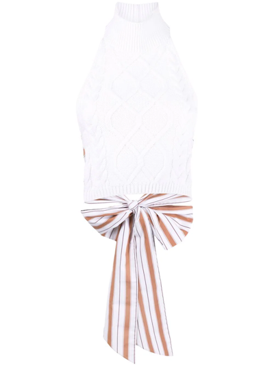 Rosie Assoulin Cropped Striped Cotton Poplin-trimmed Cable-knit Cotton Halterneck Top In Orange