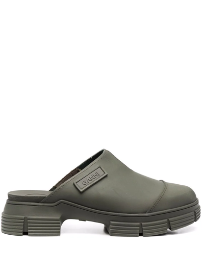 Ganni Logo-patch Recycled-rubber Mules In Green