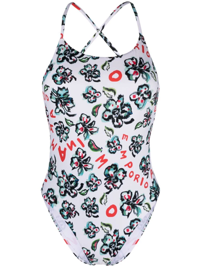 Emporio Armani Floral-print Swimsuit In White