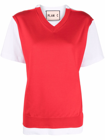 Plan C Contrast-panel V-neck T-shirt In Rot