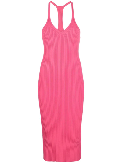 Helmut Lang Ribbed-knit Halterneck Midi Dress In Fuchsia