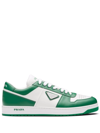 Prada Men's Low-top Leather Downtown Sneakers W/ Logo Plaqu&eacute; In Faz Bianco Verde