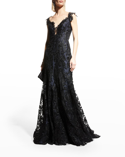 Romona Keveza Plunging Sequin Embroidered Silk Gown In Black