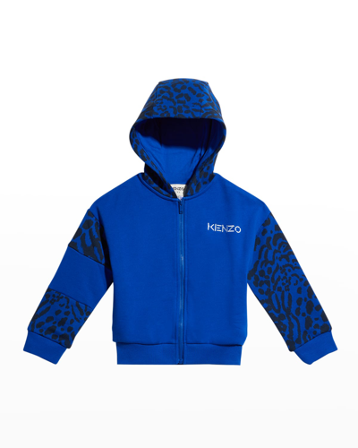 Kenzo Kids' Animal-print Panelled Zip-up Hoodie In Blue