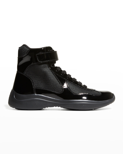Prada Men's America's Cup Patent Leather High-top Sneakers In Biancoarg