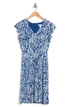 London Times V-neck Ruffle Sleeve Midi Dress In Blue/ White