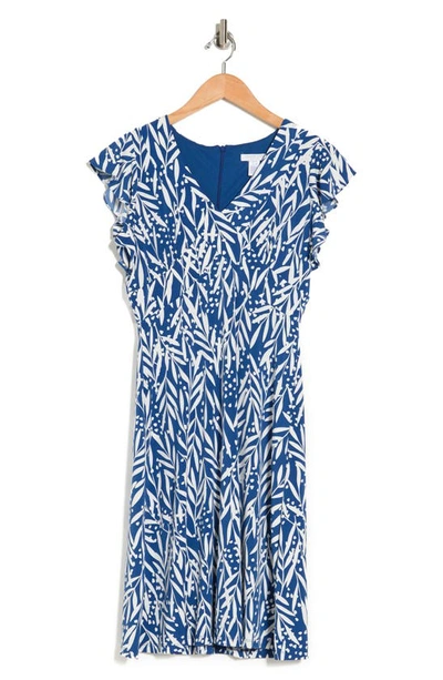 London Times V-neck Ruffle Sleeve Midi Dress In Blue/ White