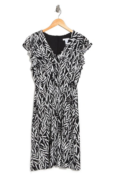 London Times V-neck Ruffle Sleeve Midi Dress In Black/ White