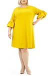 Nina Leonard Solid 3/4 Bell Sleeve Shift Dress In Mustard