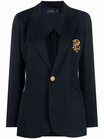 Polo Ralph Lauren Embroidered-monogram Double-knit Blazer In Blue