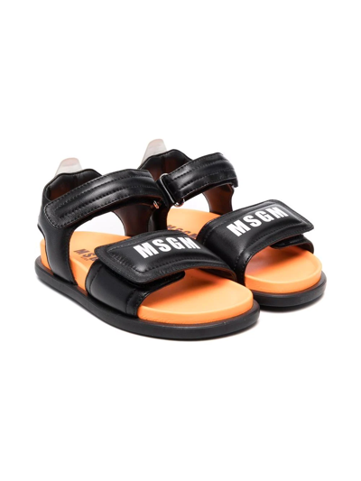Msgm Teen Logo Print Touch-strap Sandals In Black